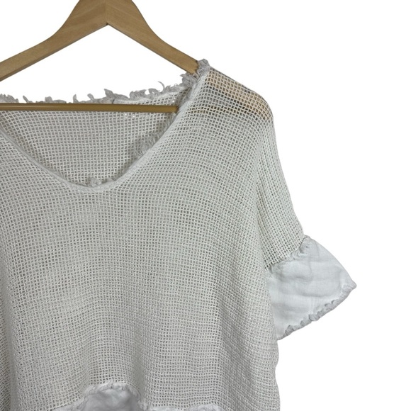 Milio Milano Women’s Cotton Mesh Grid Short Sleeve Crochet Top White L - Picture 6 of 10